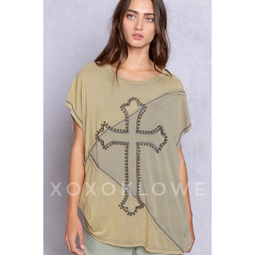 POL Olive Two Tone Studded & Embroidered Cross Top - Picture 13 of 14